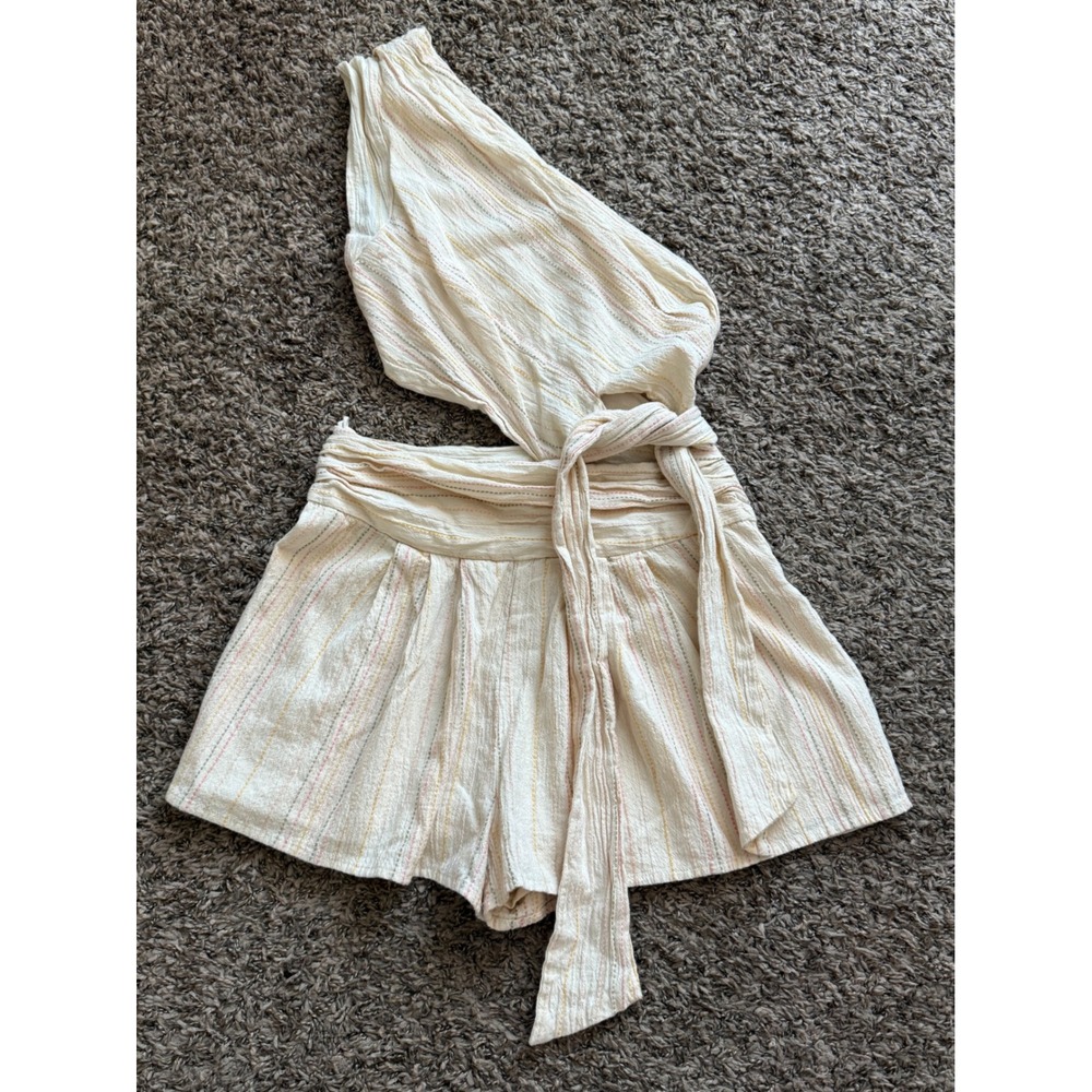 Free People One Shoulder Cutout Romper Cream Striped Boho Tie Waist Size 4 - Picture 2 of 9